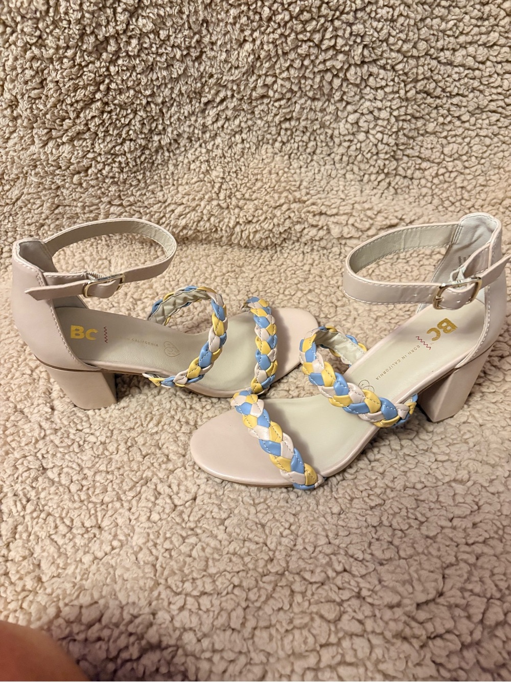 BC Footwear Cream Block Heel Sandals with Blue & Yellow Braided Straps